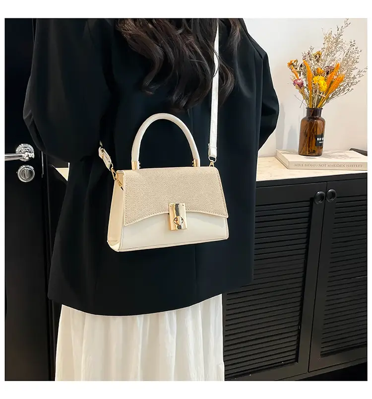 Orange & Beige Square Handbag with Lock Buckle — feature 19