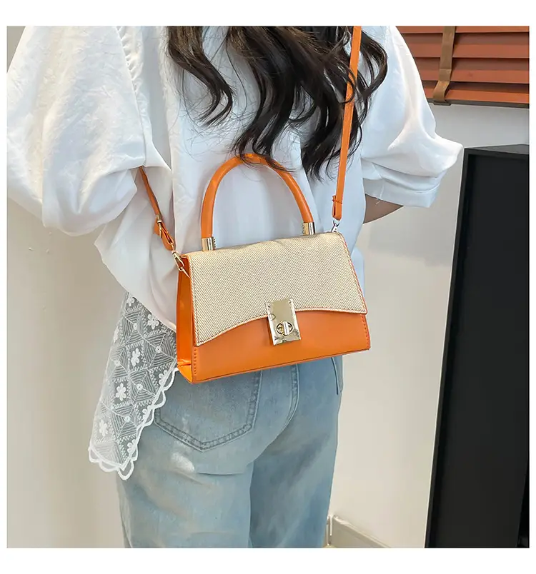 Orange & Beige Square Handbag with Lock Buckle — feature 27