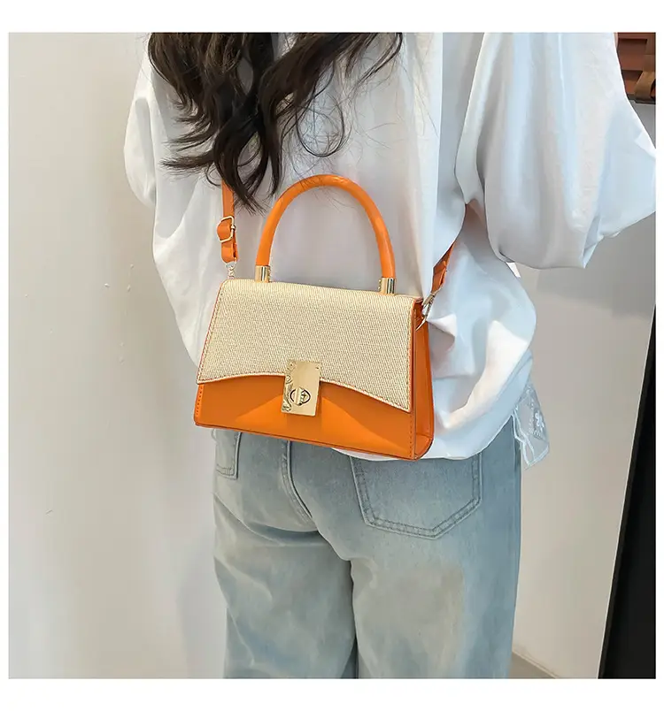 Orange & Beige Square Handbag with Lock Buckle — feature 28