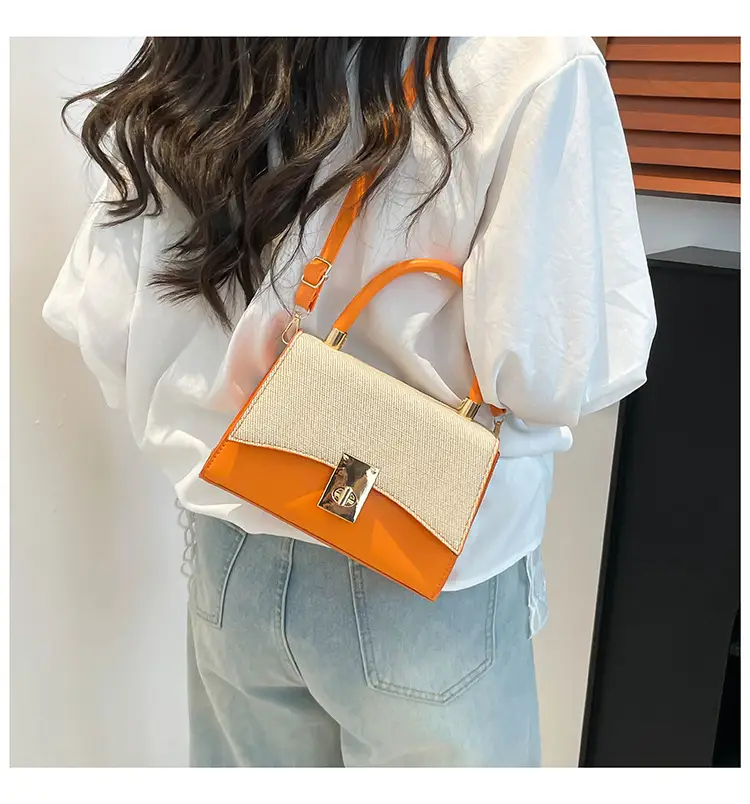 Orange & Beige Square Handbag with Lock Buckle — feature 29