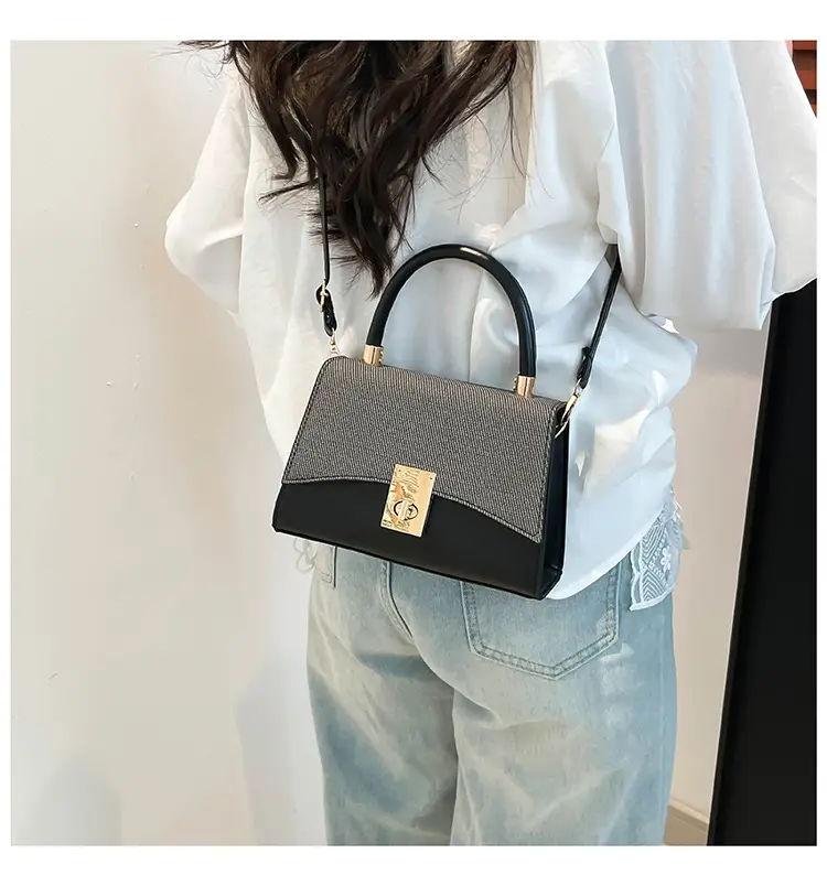 Orange & Beige Square Handbag with Lock Buckle — feature 33
