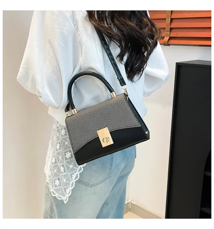 Orange & Beige Square Handbag with Lock Buckle — feature 34