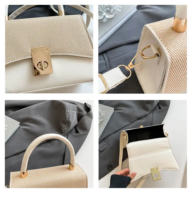 Orange & Beige Square Handbag with Lock Buckle — feature 9