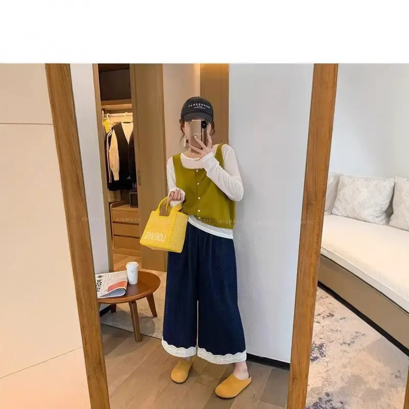 Dark Blue Lace Pants for Women Summer Casual Slim Wide Leg