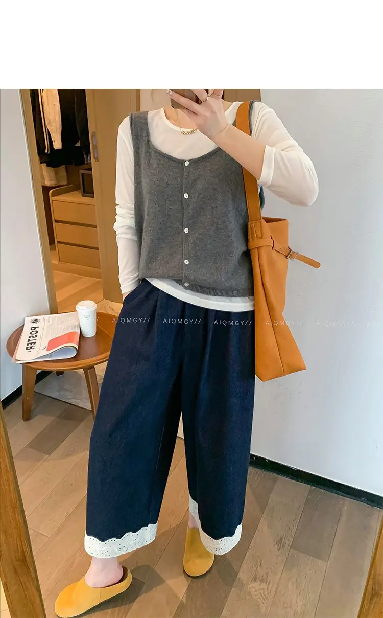 Dark Blue Lace Pants for Women Summer Casual Slim Wide Leg — feature 13
