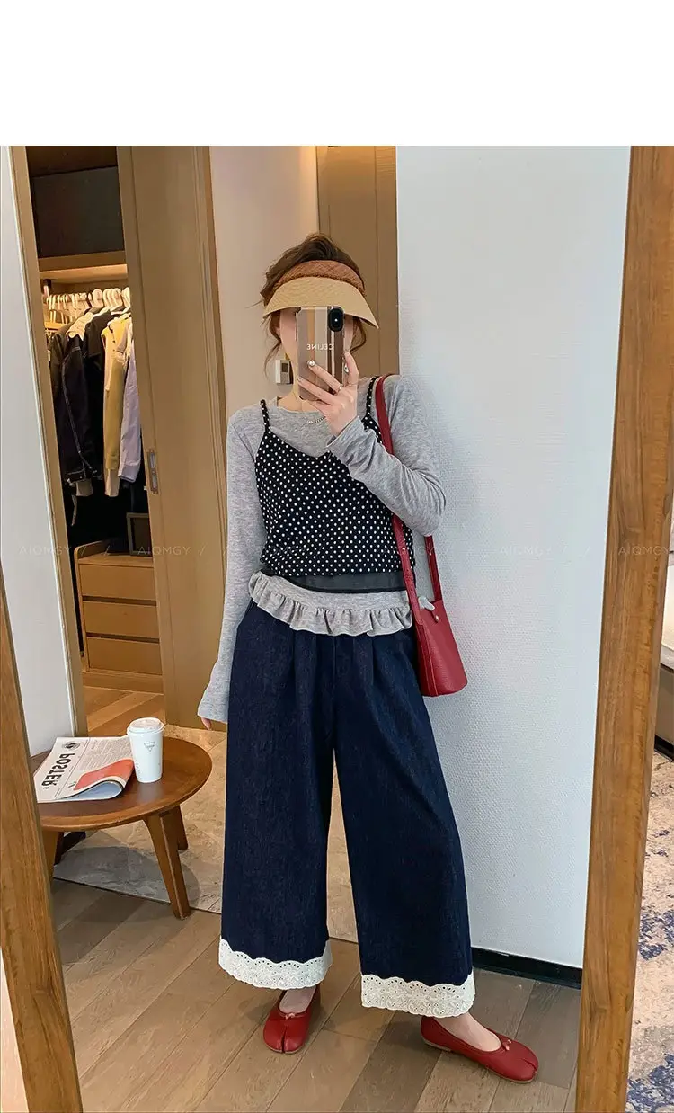 Dark Blue Lace Pants for Women Summer Casual Slim Wide Leg — feature 20