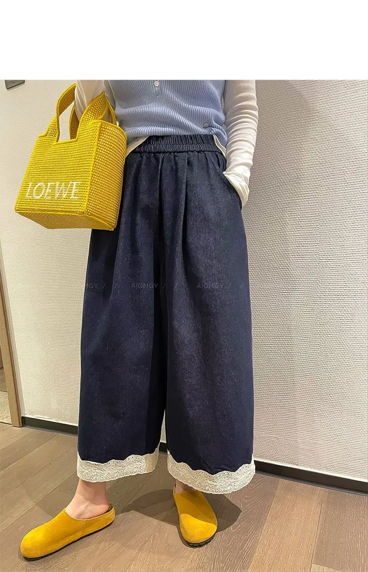 Dark Blue Lace Pants for Women Summer Casual Slim Wide Leg — feature 8