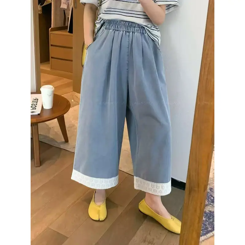Dark Blue Lace Pants for Women Summer Casual Slim Wide Leg