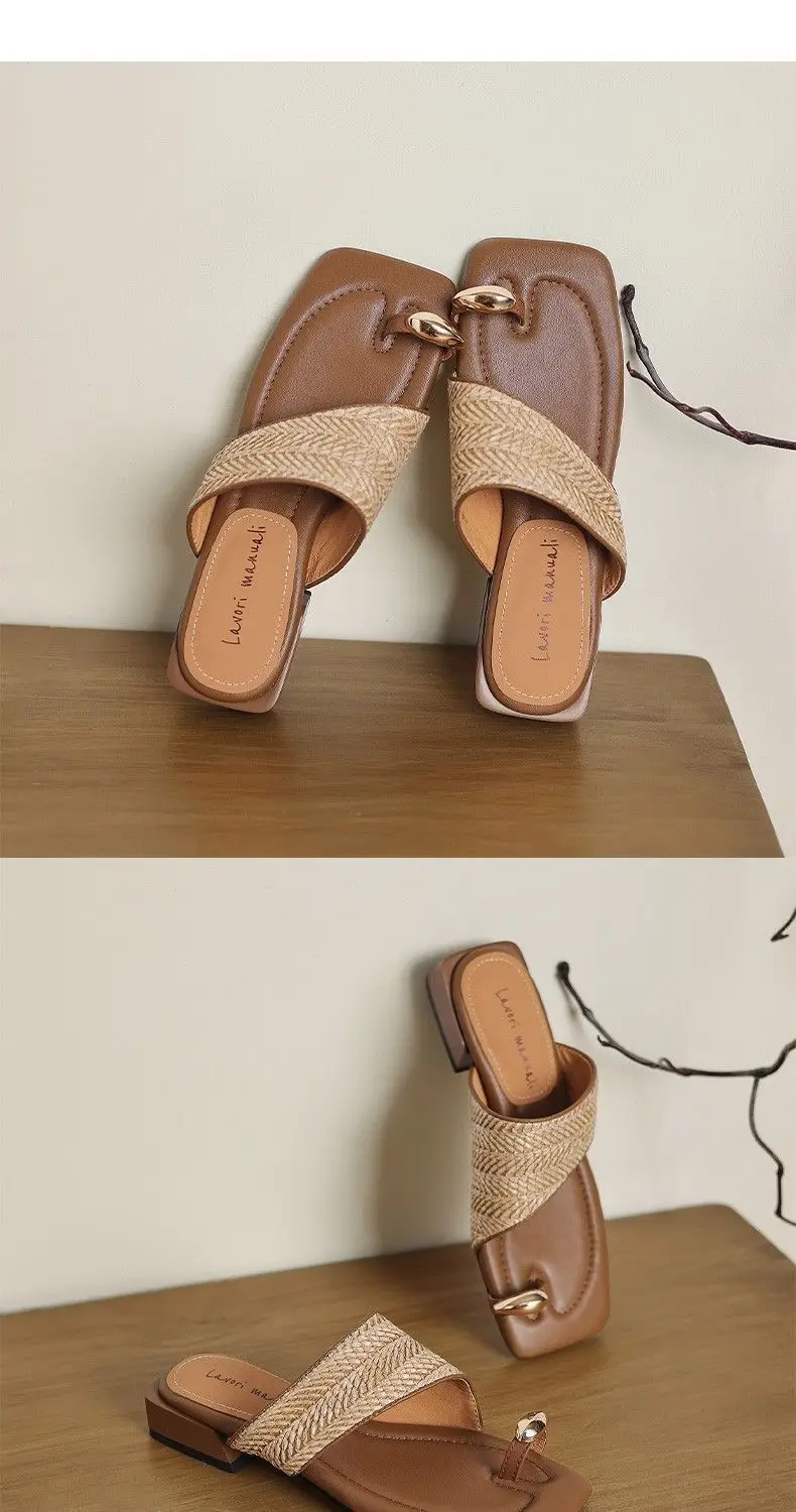 Outwear Handmade Straw Retro Vacation Style 2025 Summer One-toe Beach Half-swell Women's Homemade Woven Sandals — feature 14