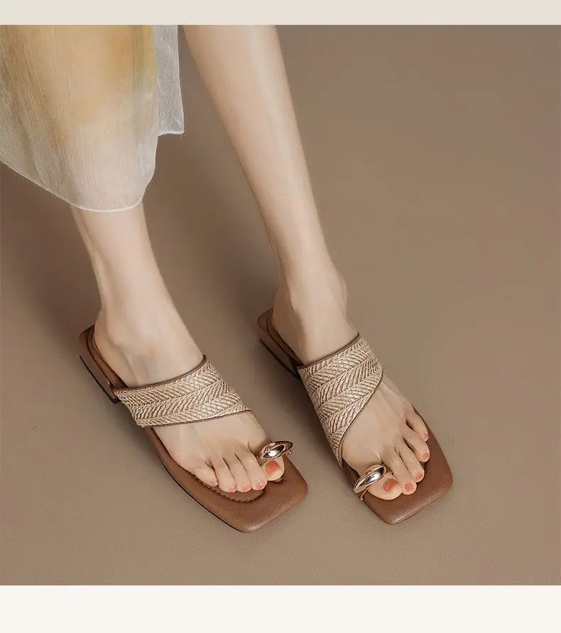 Outwear Handmade Straw Retro Vacation Style 2025 Summer One-toe Beach Half-swell Women's Homemade Woven Sandals — feature 7