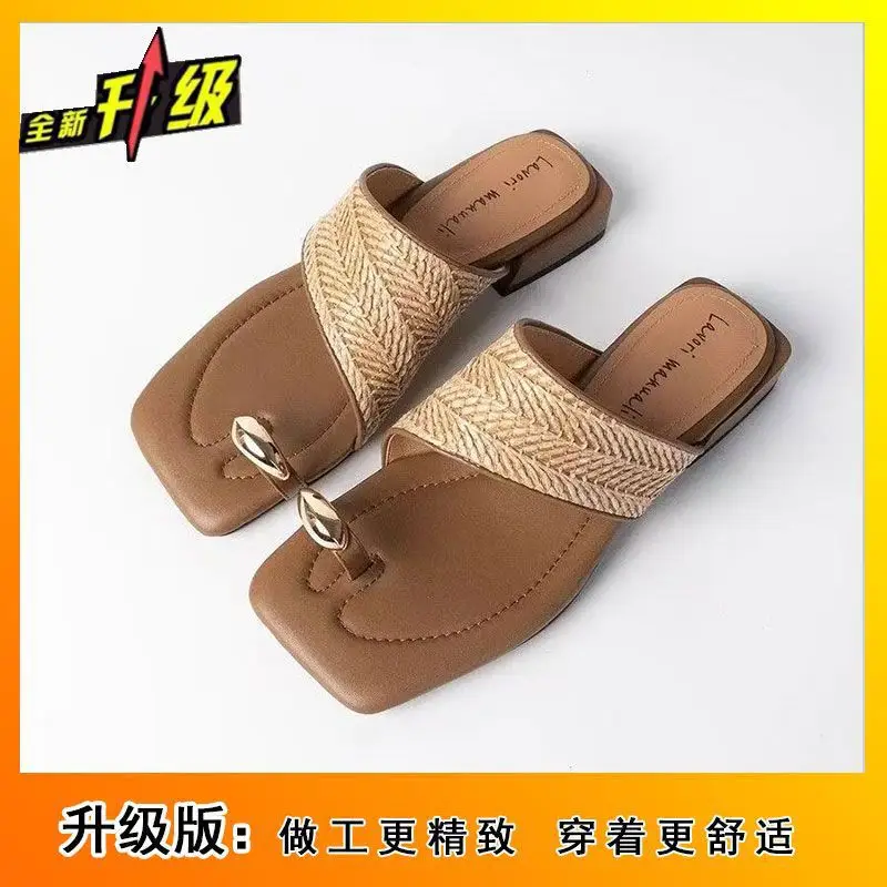 Outwear Handmade Straw Retro Vacation Style 2025 Summer One-toe Beach Half-swell Women's Homemade Woven Sandals