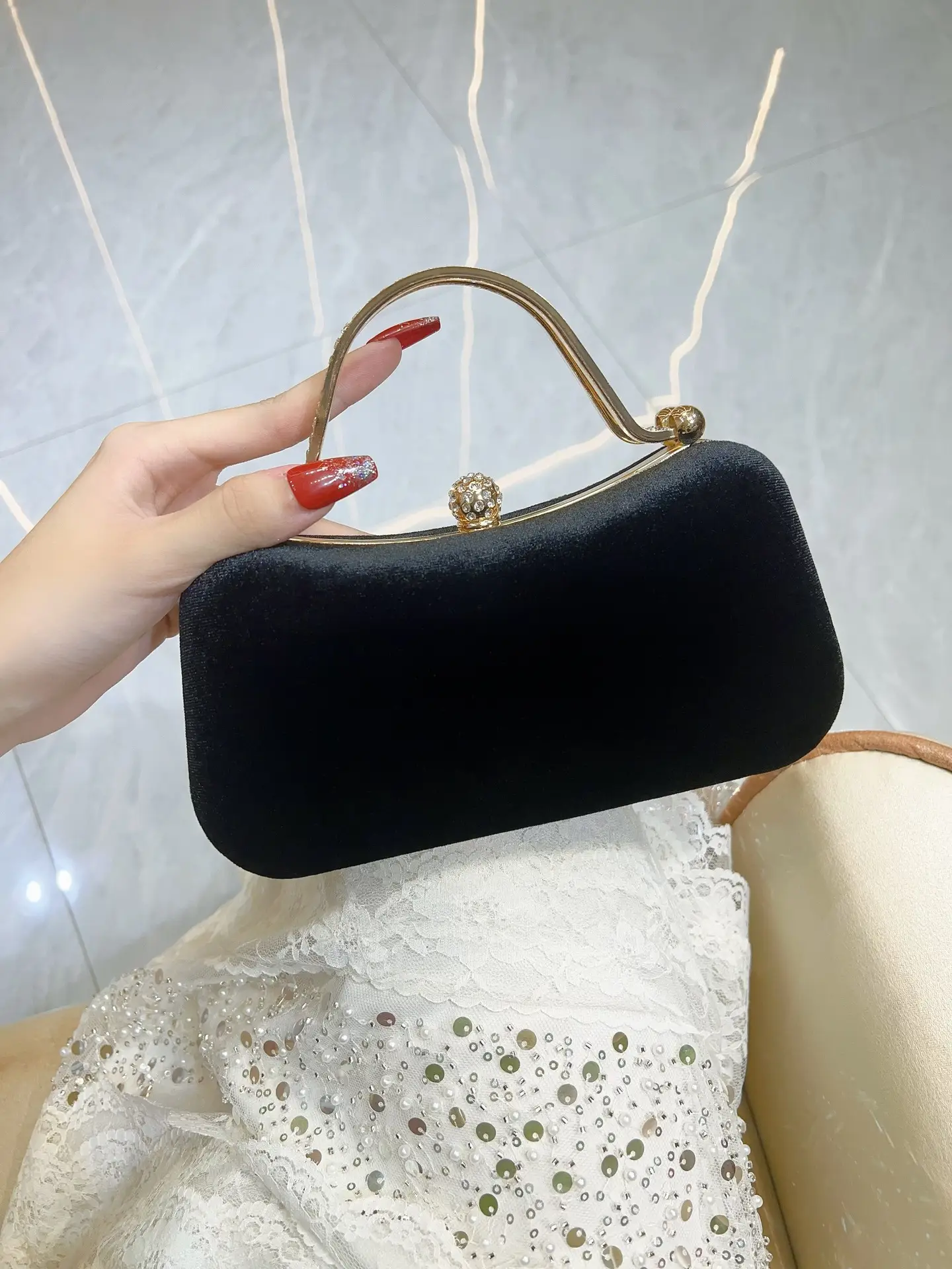 Black Velvet Rhinestone Clutch Bag for Women — feature 4