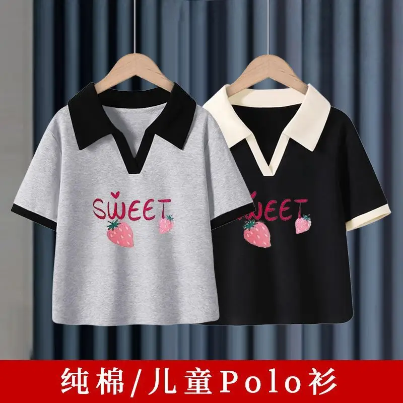 Girls Cotton Polo Shirt Black White Sweet Print