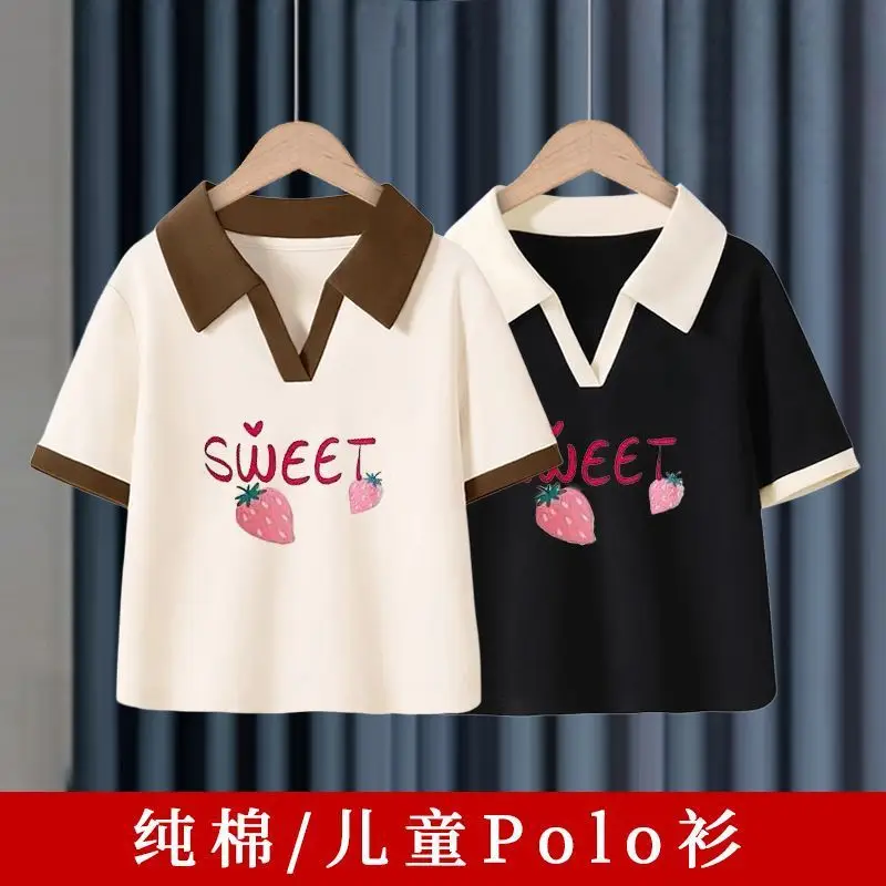 Girls Cotton Polo Shirt Black White Sweet Print