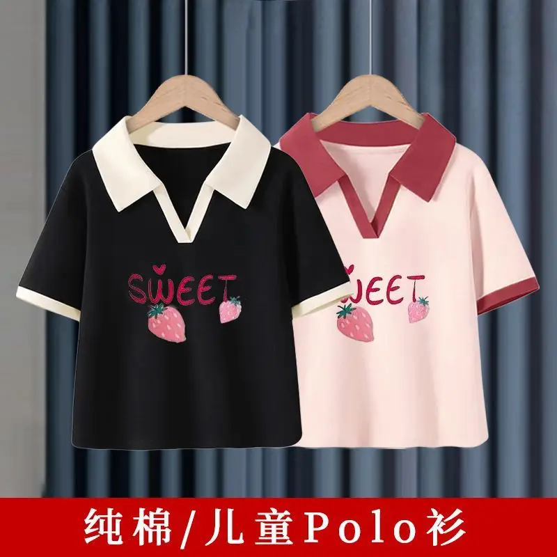 Girls Cotton Polo Shirt Black White Sweet Print