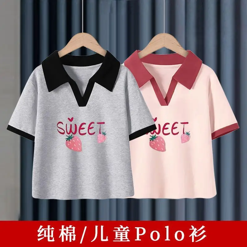 Girls Cotton Polo Shirt Black White Sweet Print