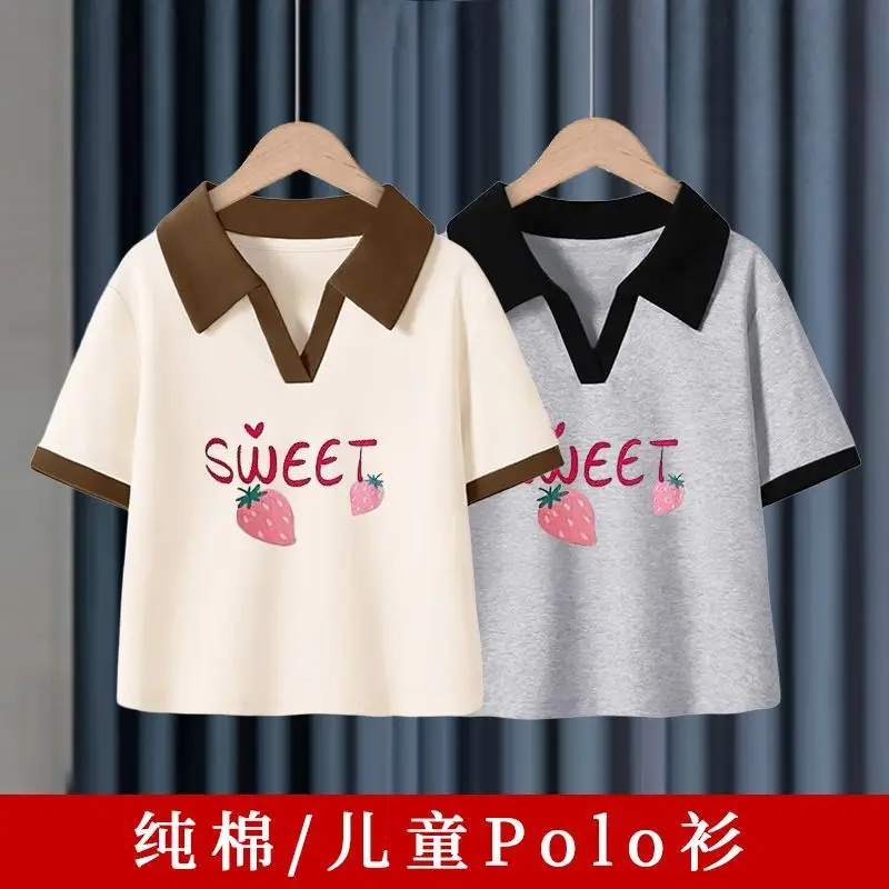 Girls Cotton Polo Shirt Black White Sweet Print