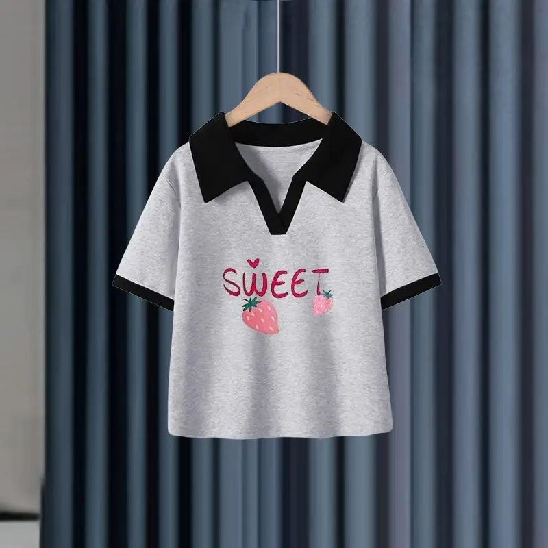 Girls Cotton Polo Shirt Black White Sweet Print