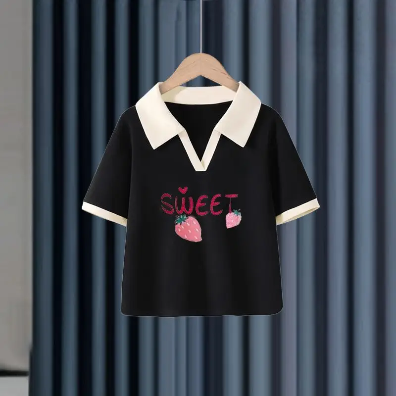 Girls Cotton Polo Shirt Black White Sweet Print