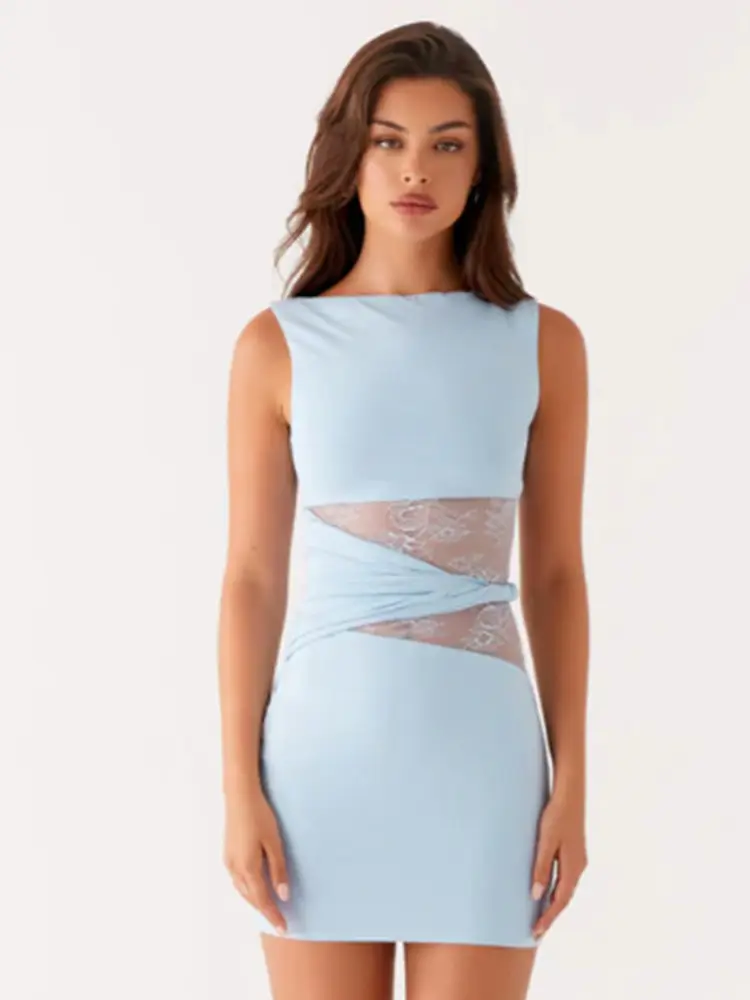 Translucent Cut Out Lace Twisted Belt Dress for Women