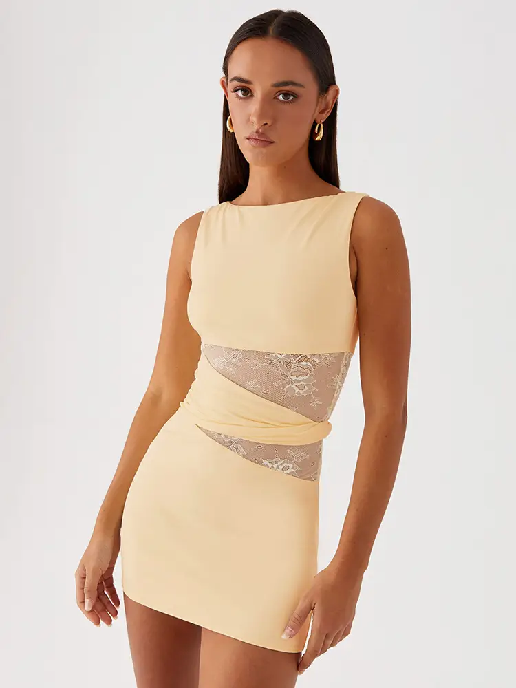 Translucent Cut Out Lace Twisted Belt Dress for Women