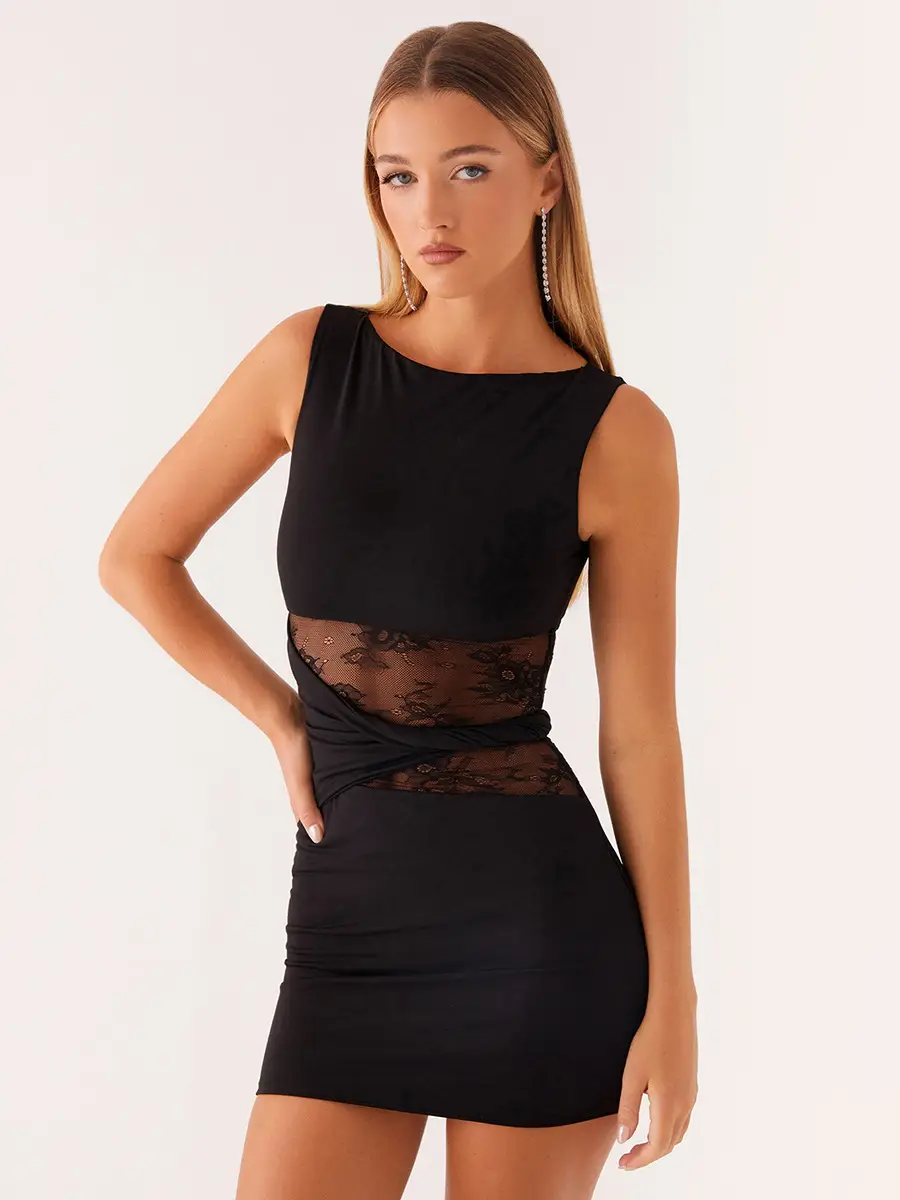 Translucent Cut Out Lace Twisted Belt Dress for Women — feature 10