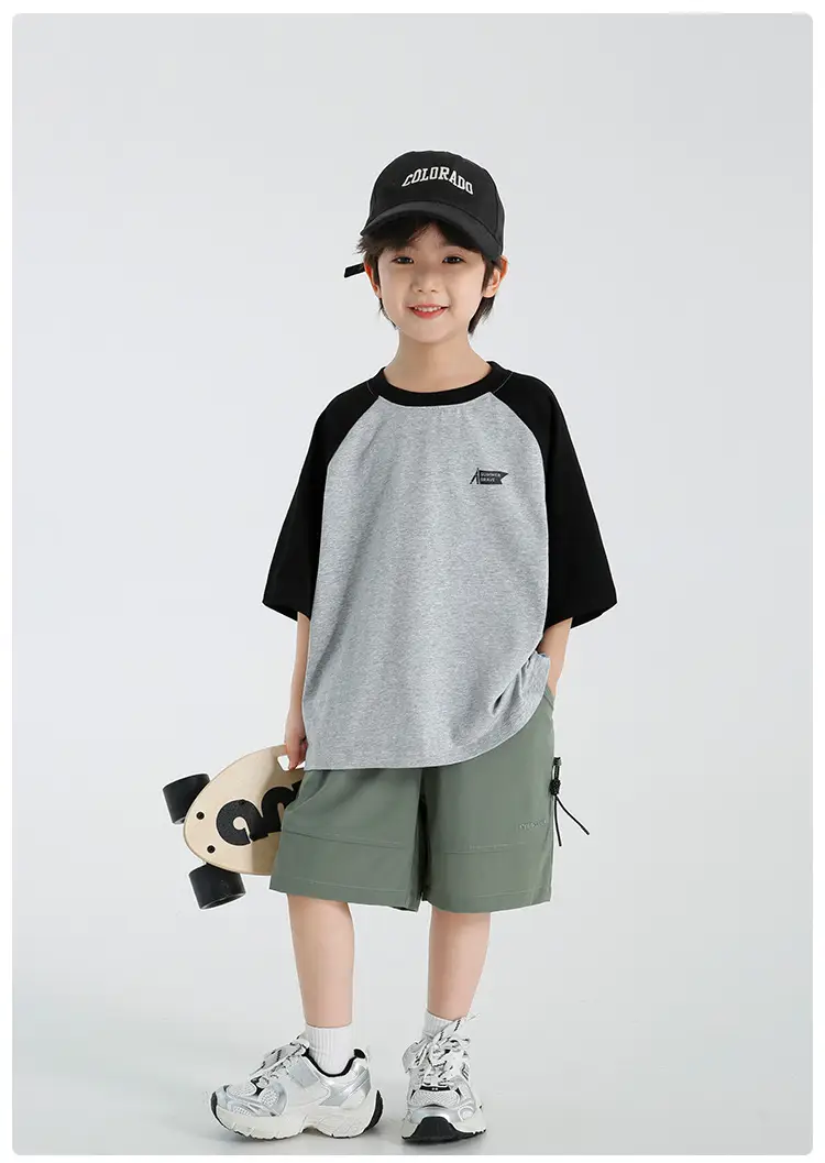Boys Raglan Sleeve T-Shirt Summer Cotton Green Gray — feature 11