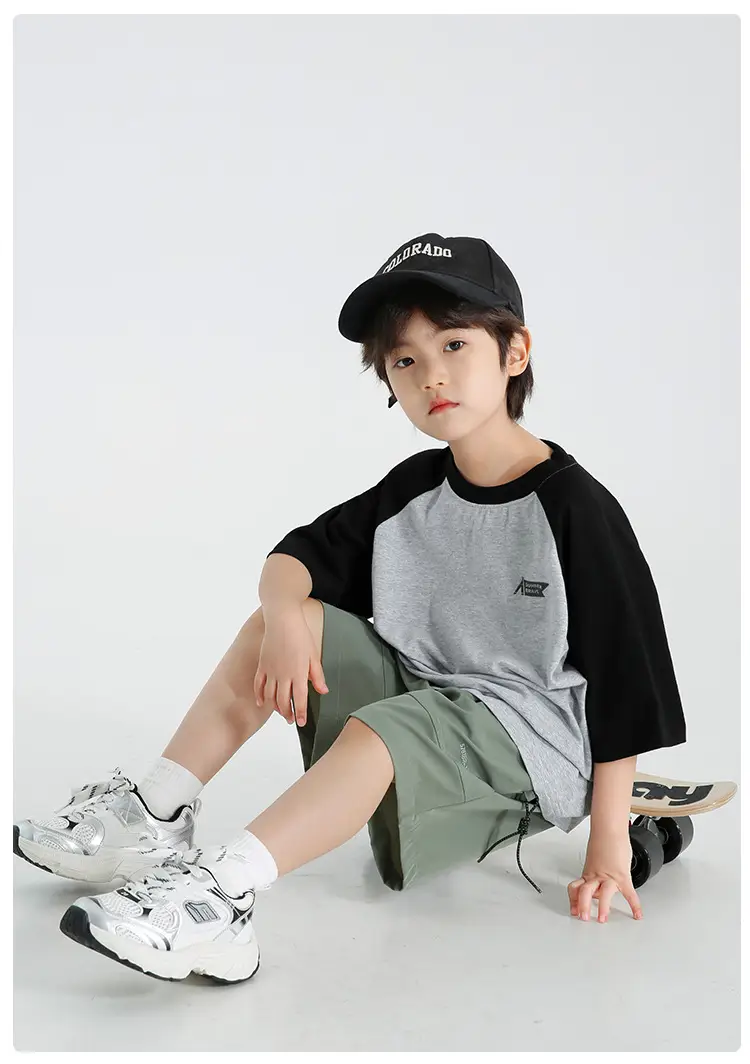 Boys Raglan Sleeve T-Shirt Summer Cotton Green Gray — feature 12