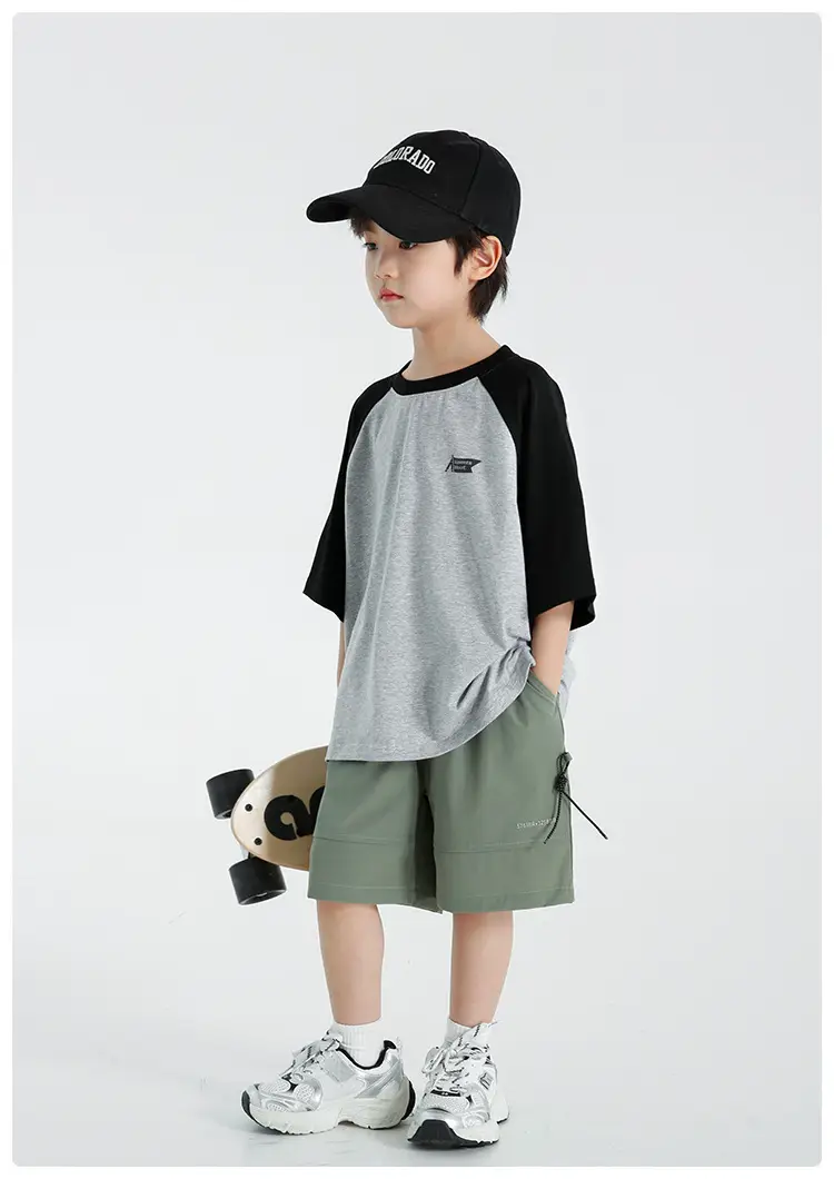 Boys Raglan Sleeve T-Shirt Summer Cotton Green Gray — feature 13