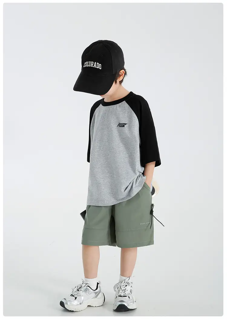 Boys Raglan Sleeve T-Shirt Summer Cotton Green Gray — feature 14