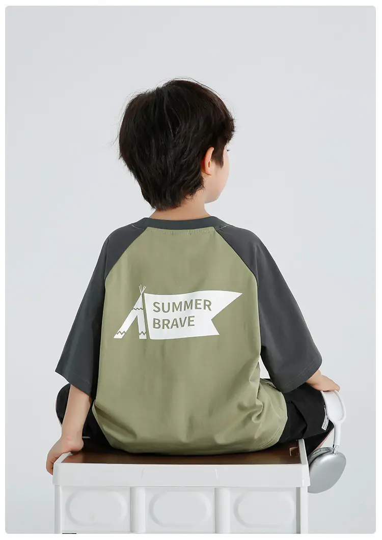 Boys Raglan Sleeve T-Shirt Summer Cotton Green Gray — feature 15