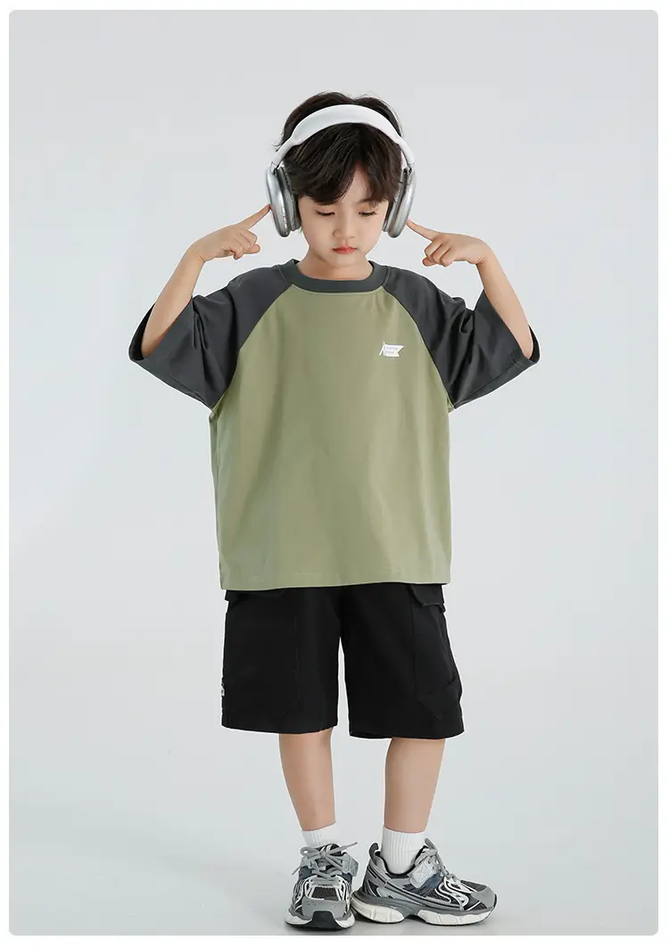 Boys Raglan Sleeve T-Shirt Summer Cotton Green Gray — feature 16