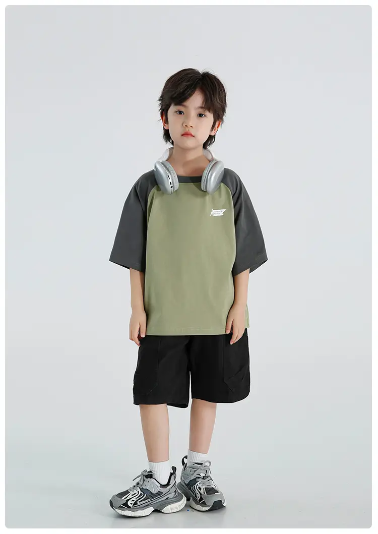 Boys Raglan Sleeve T-Shirt Summer Cotton Green Gray — feature 17