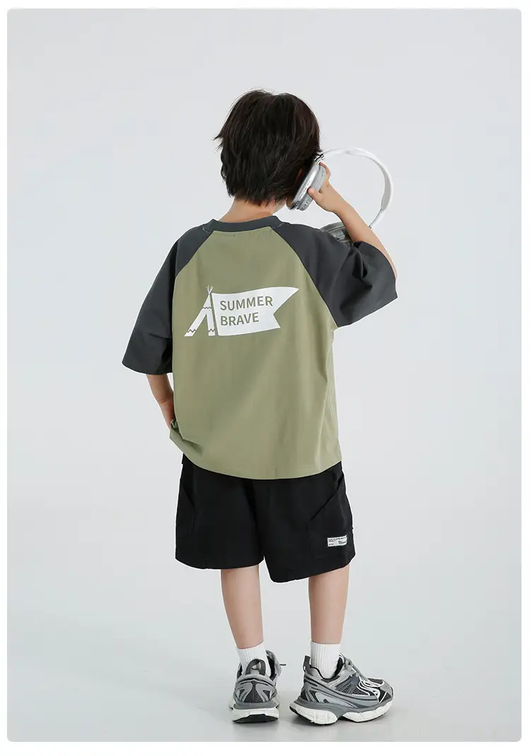 Boys Raglan Sleeve T-Shirt Summer Cotton Green Gray — feature 18
