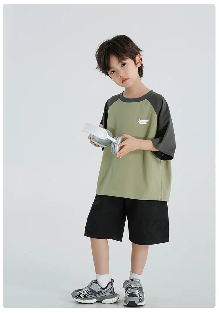 Boys Raglan Sleeve T-Shirt Summer Cotton Green Gray — feature 19