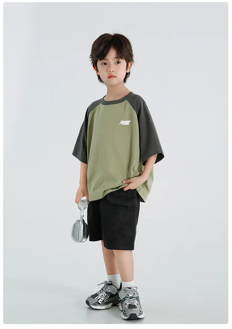 Boys Raglan Sleeve T-Shirt Summer Cotton Green Gray — feature 20