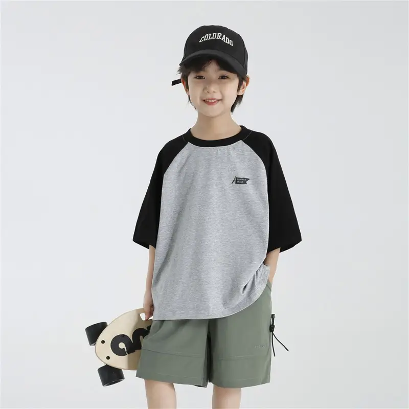 Boys Raglan Sleeve T-Shirt Summer Cotton Green Gray - Image 2