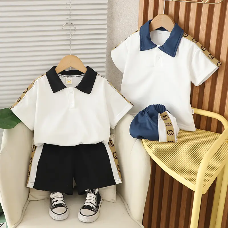 Kids Navy Blue Polo Shorts Set Summer Korean Style - Image 3