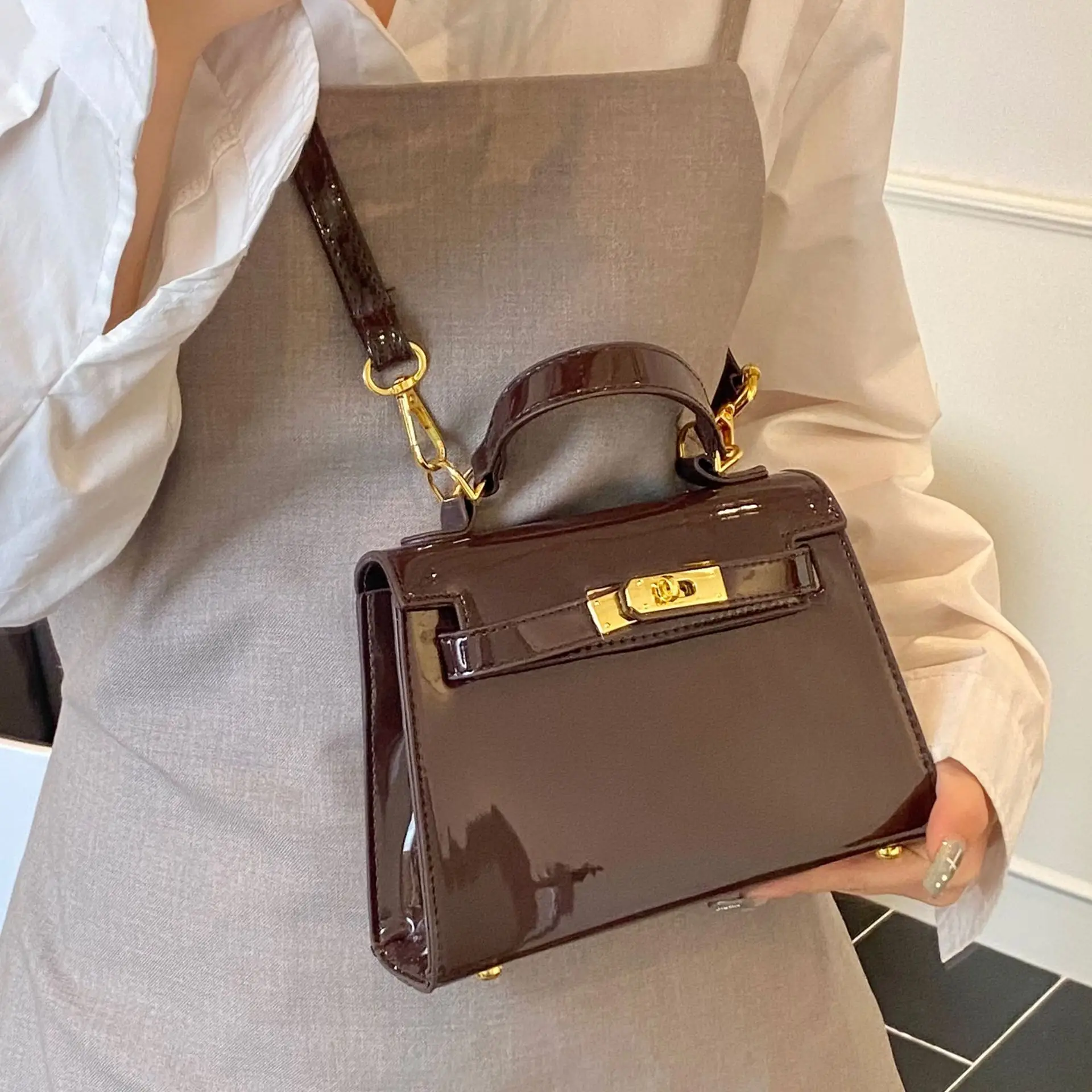 2025 Brown Glossy Leather Shoulder Bag for Women - Image 14