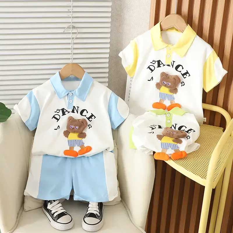 Kids Bear Print Yellow Shorts Set Summer Wear - Image 4