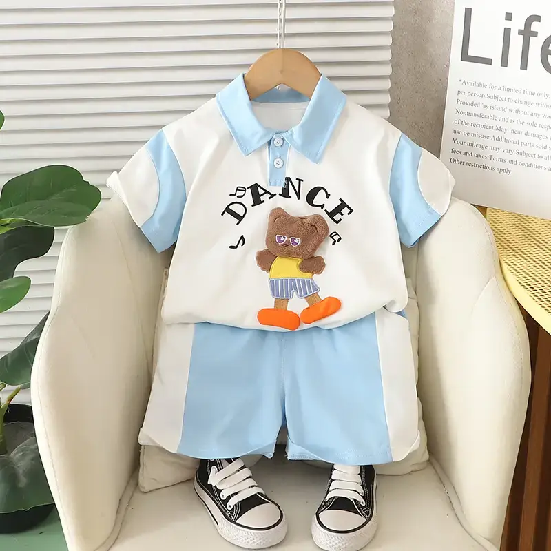 Kids Bear Print Yellow Shorts Set Summer Wear - Image 3