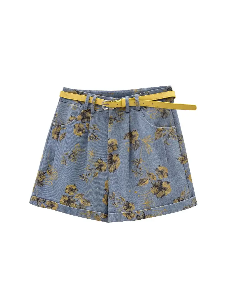 Korean Women Tie-Dye Denim Shorts High Waist Belt