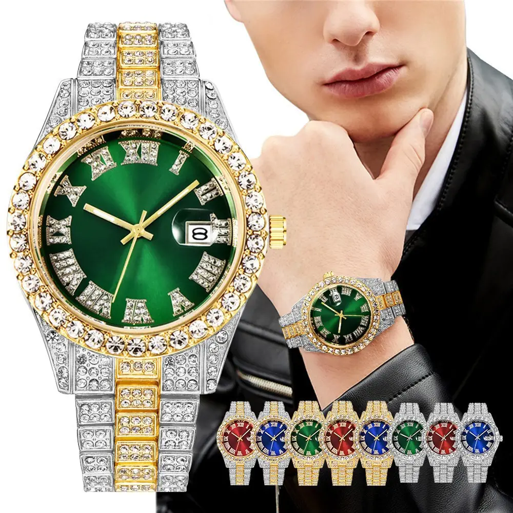 Men's Green Dial Diamond Watch with Gold Strap — feature 2