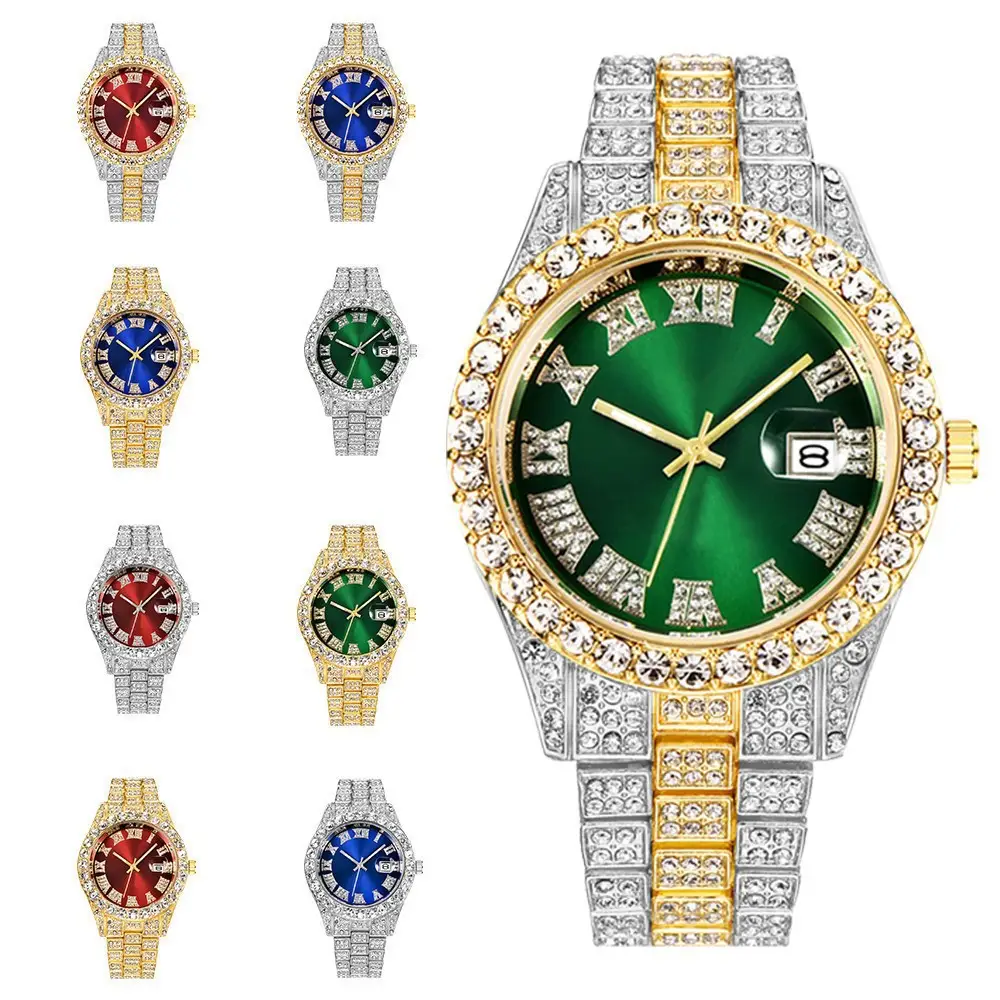 Men's Green Dial Diamond Watch with Gold Strap — feature 3