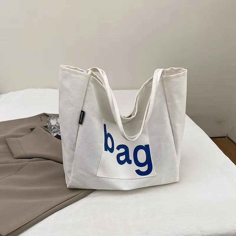 Women Large Capacity Canvas Tote Bag with "bag" Print - Image 2
