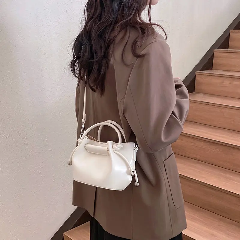 White Pleated Handbag with Crossbody Strap for Women