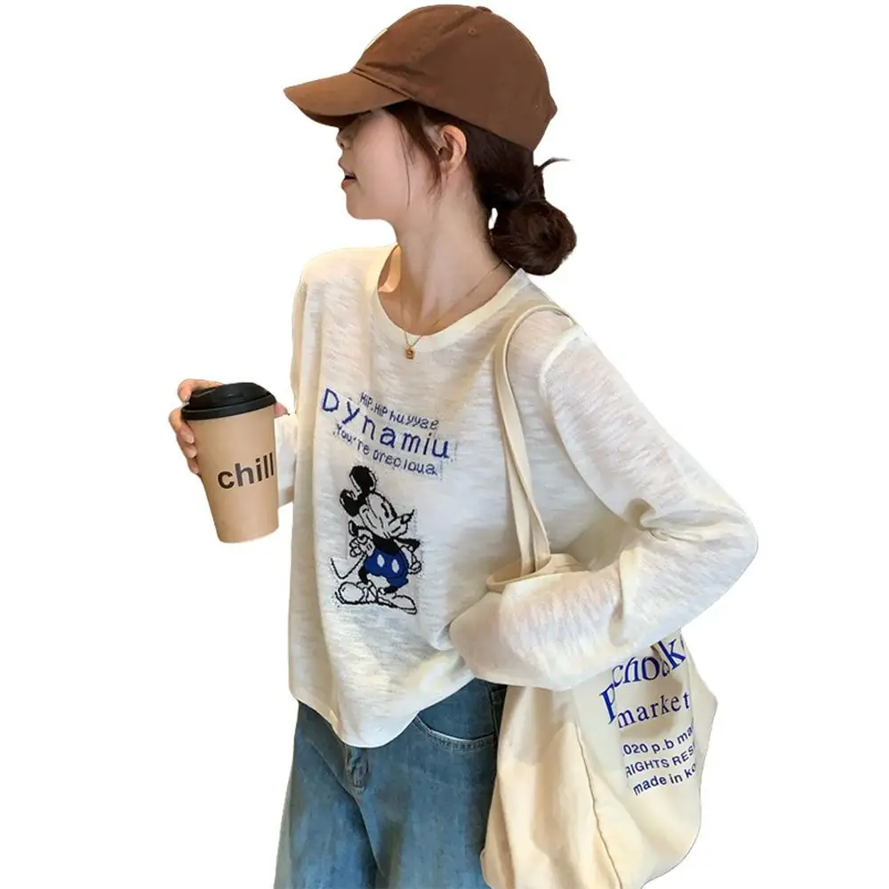 S011 White Mickey Mouse Loose Sun Protection Blouse Long-Sleeved T-Shirt Women's Summer New Popular Air-Conditioning Shirt Light Top