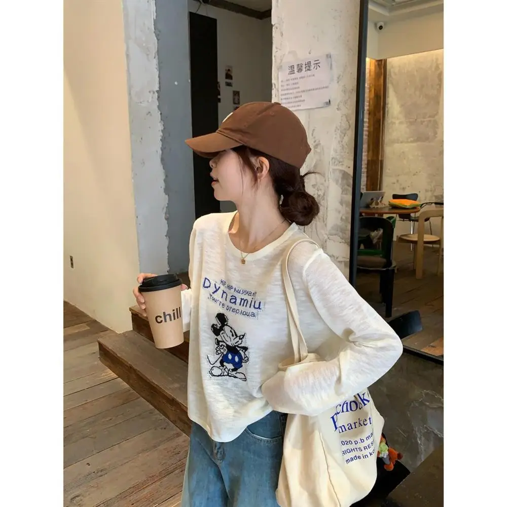S011 White Mickey Mouse Loose Sun Protection Blouse Long-Sleeved T-Shirt Women's Summer New Popular Air-Conditioning Shirt Light Top — feature 6