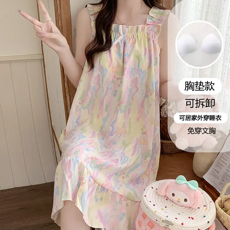 Nightgown for Women Summer Suspender New Style Princess Style Accessible Luxury Pure Desire Sweet Lace with Breast Pad Simple Home Wear 106