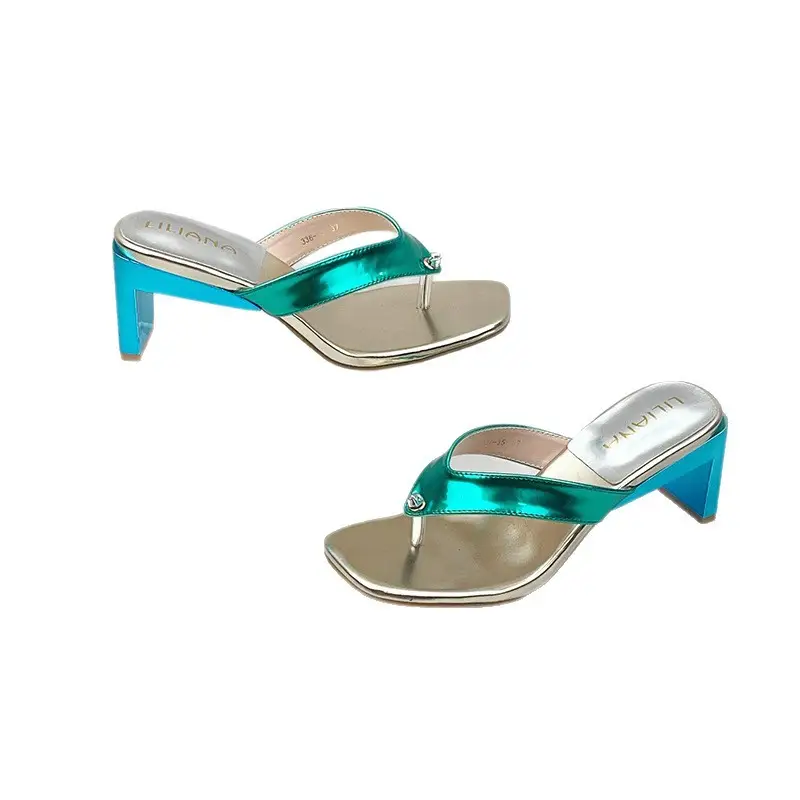 Cross-Border 2025 Foreign Trade Summer European and American Style Thong Sandals Square Toe Large Size Chunky High Heel Slippers European and American Style New Model